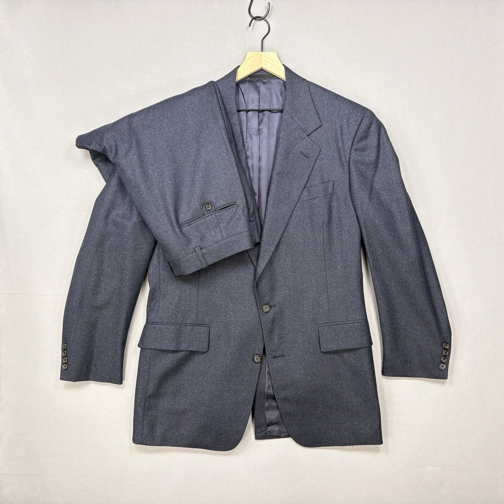 VTG 90s Bespoke Heavyweight Wool Suit 2 Piece Tailored 42R 33x31 Steel Blue USA